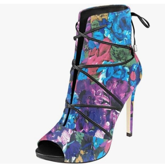 YDN Blue Floral Peep Toe Platform Stiletto Heels Lace Up Cutout Ankle Booties - Picture 1 of 8